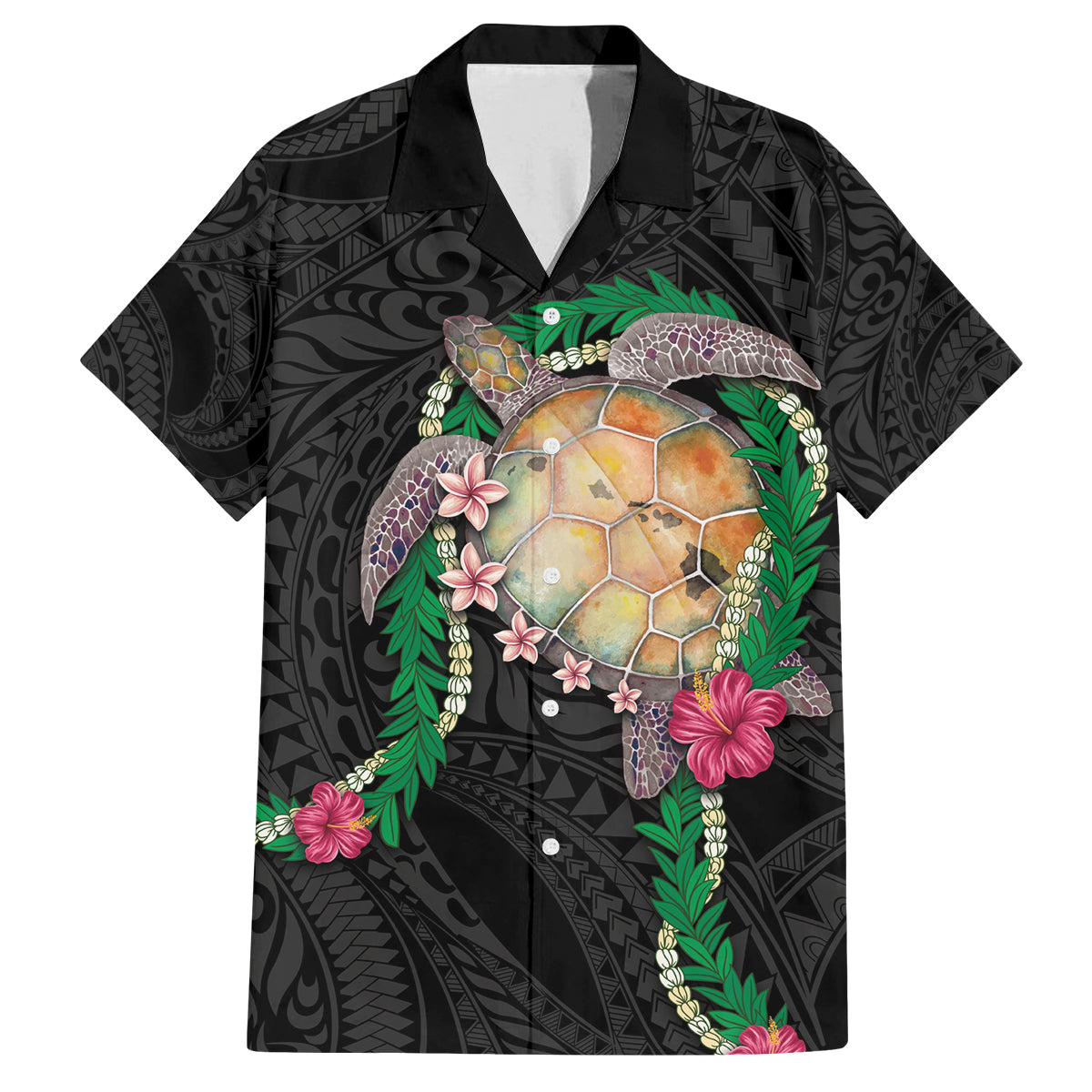 Hawaii Pikake and Maile Lei Family Matching Off Shoulder Maxi Dress and Hawaiian Shirt Honu Polynesian Pattern Black Color LT03 Dad's Shirt - Short Sleeve Black - Polynesian Pride
