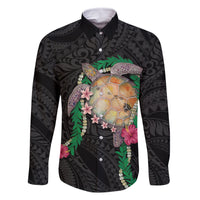 Hawaii Pikake and Maile Lei Family Matching Off Shoulder Maxi Dress and Hawaiian Shirt Honu Polynesian Pattern Black Color LT03 Dad's Shirt - Long Sleeve Black - Polynesian Pride