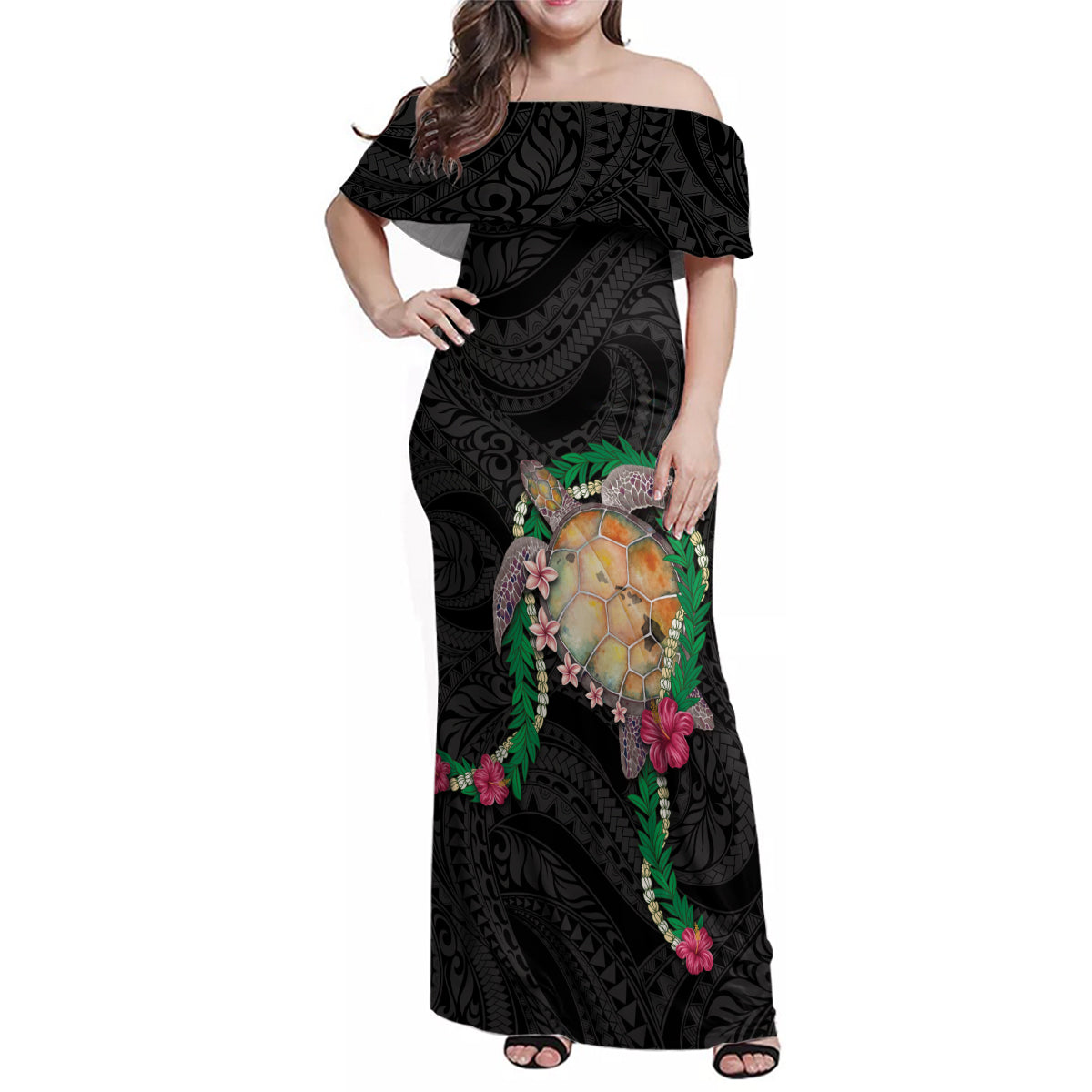 Hawaii Pikake and Maile Lei Family Matching Off Shoulder Maxi Dress and Hawaiian Shirt Honu Polynesian Pattern Black Color LT03 Mom's Dress Black - Polynesian Pride