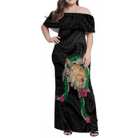 Hawaii Pikake and Maile Lei Family Matching Off Shoulder Maxi Dress and Hawaiian Shirt Honu Polynesian Pattern Black Color LT03 Mom's Dress Black - Polynesian Pride