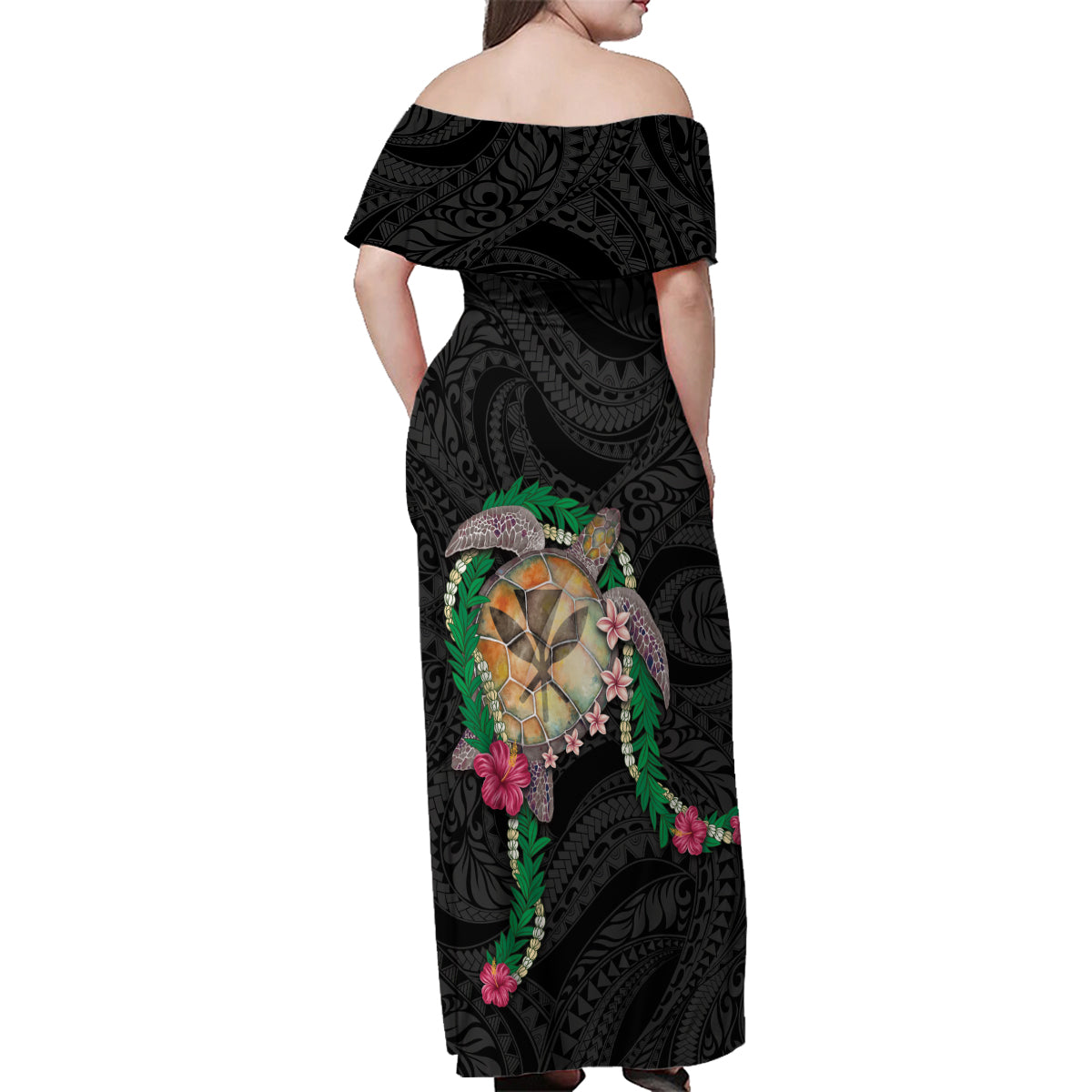 Hawaii Pikake and Maile Lei Family Matching Off Shoulder Maxi Dress and Hawaiian Shirt Honu Polynesian Pattern Black Color LT03 - Polynesian Pride