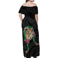 Hawaii Pikake and Maile Lei Family Matching Off Shoulder Maxi Dress and Hawaiian Shirt Honu Polynesian Pattern Black Color LT03 - Polynesian Pride