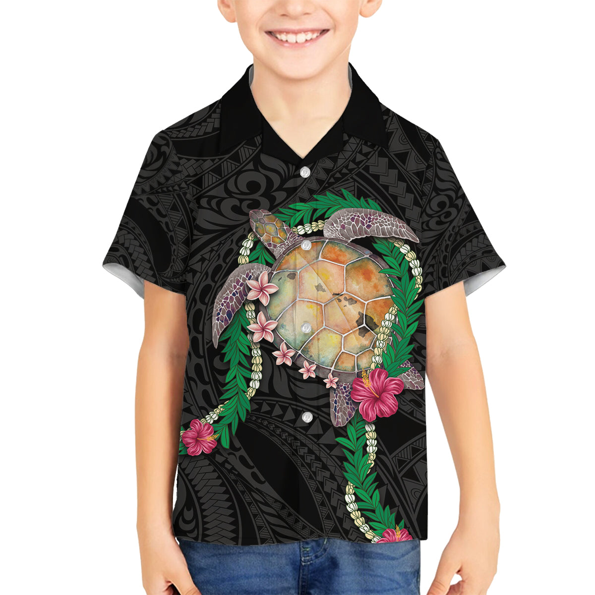 Hawaii Pikake and Maile Lei Family Matching Off Shoulder Maxi Dress and Hawaiian Shirt Honu Polynesian Pattern Black Color LT03 Son's Shirt Black - Polynesian Pride