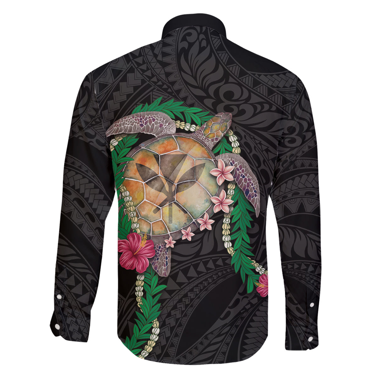 Hawaii Pikake and Maile Lei Family Matching Off Shoulder Short Dress and Hawaiian Shirt Honu Polynesian Pattern Black Color