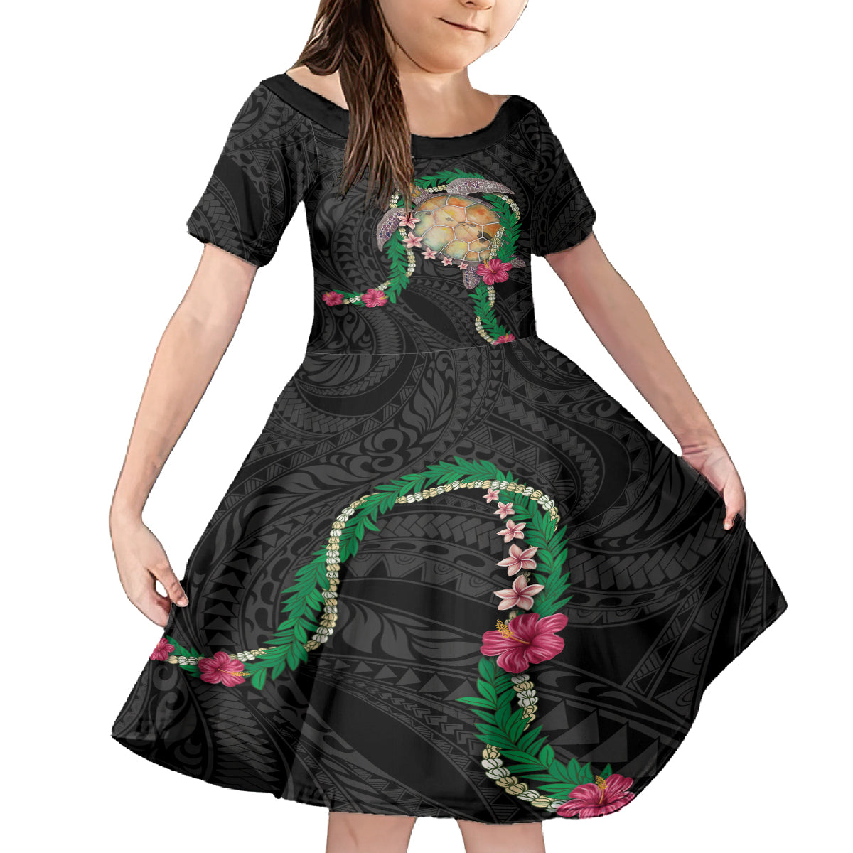 Hawaii Pikake and Maile Lei Family Matching Puletasi and Hawaiian Shirt Honu Polynesian Pattern Black Color LT03 Daughter's Dress Black - Polynesian Pride