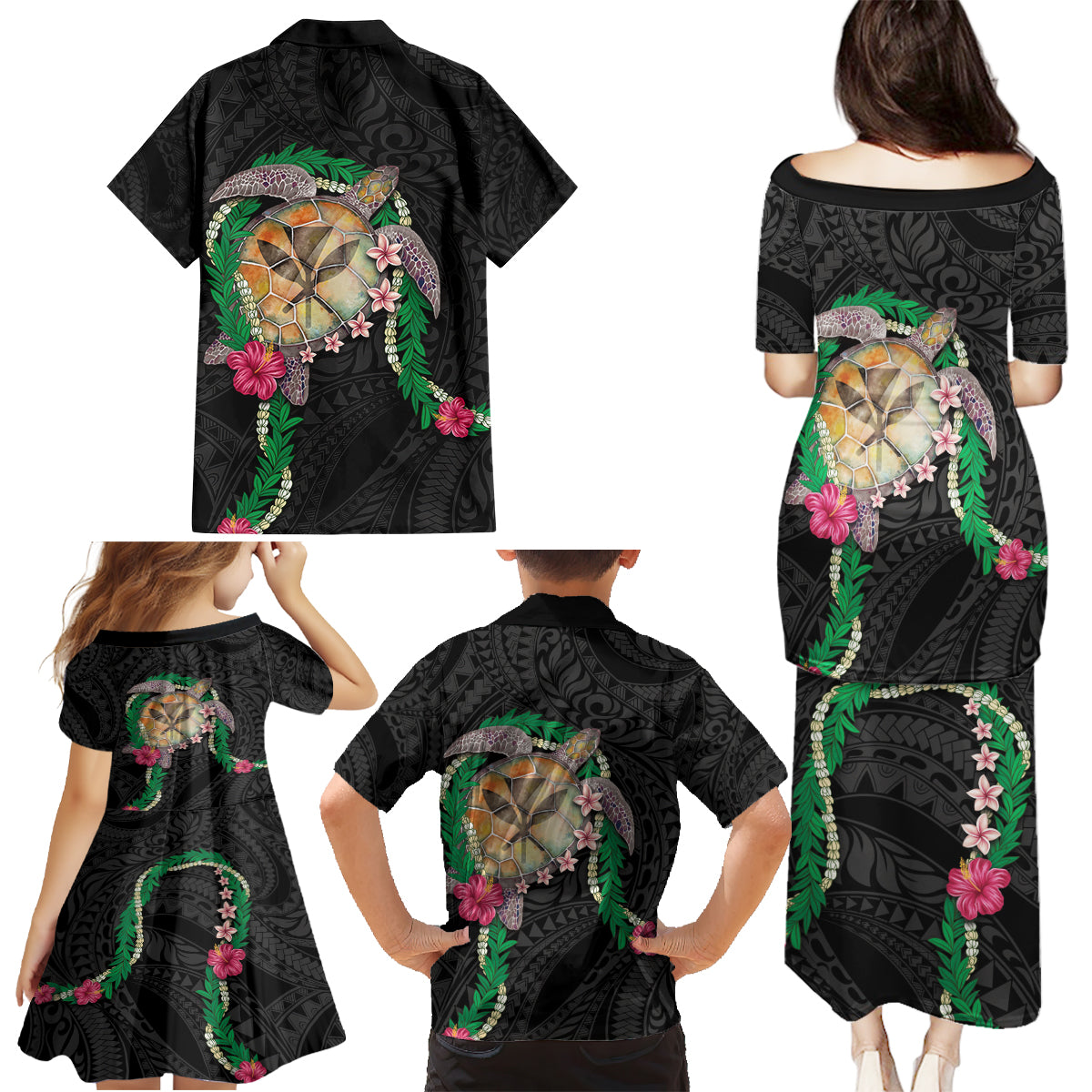 Hawaii Pikake and Maile Lei Family Matching Puletasi and Hawaiian Shirt Honu Polynesian Pattern Black Color LT03 - Polynesian Pride