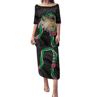 Hawaii Pikake and Maile Lei Family Matching Puletasi and Hawaiian Shirt Honu Polynesian Pattern Black Color LT03 Mom's Dress Black - Polynesian Pride