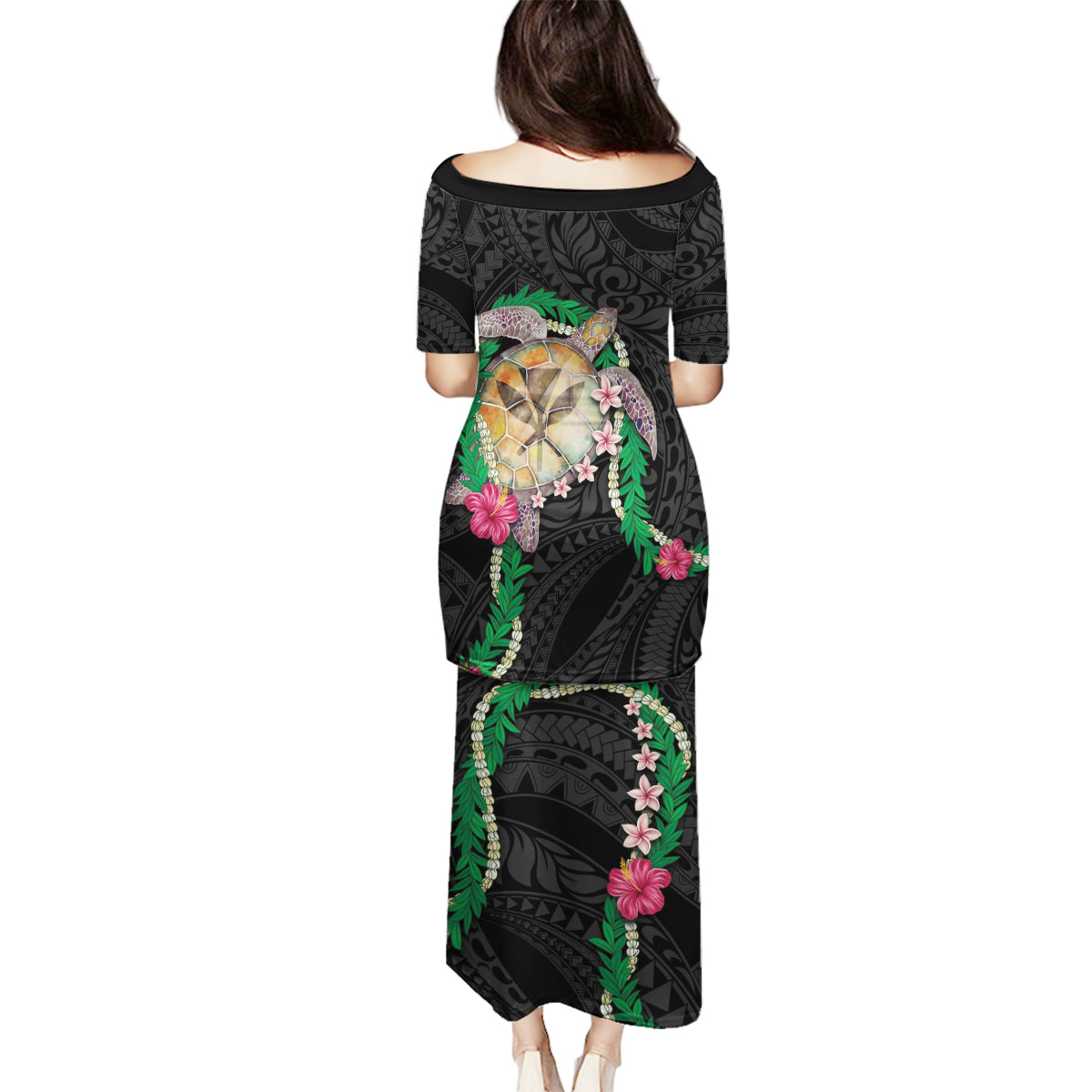 Hawaii Pikake and Maile Lei Family Matching Puletasi and Hawaiian Shirt Honu Polynesian Pattern Black Color LT03 - Polynesian Pride
