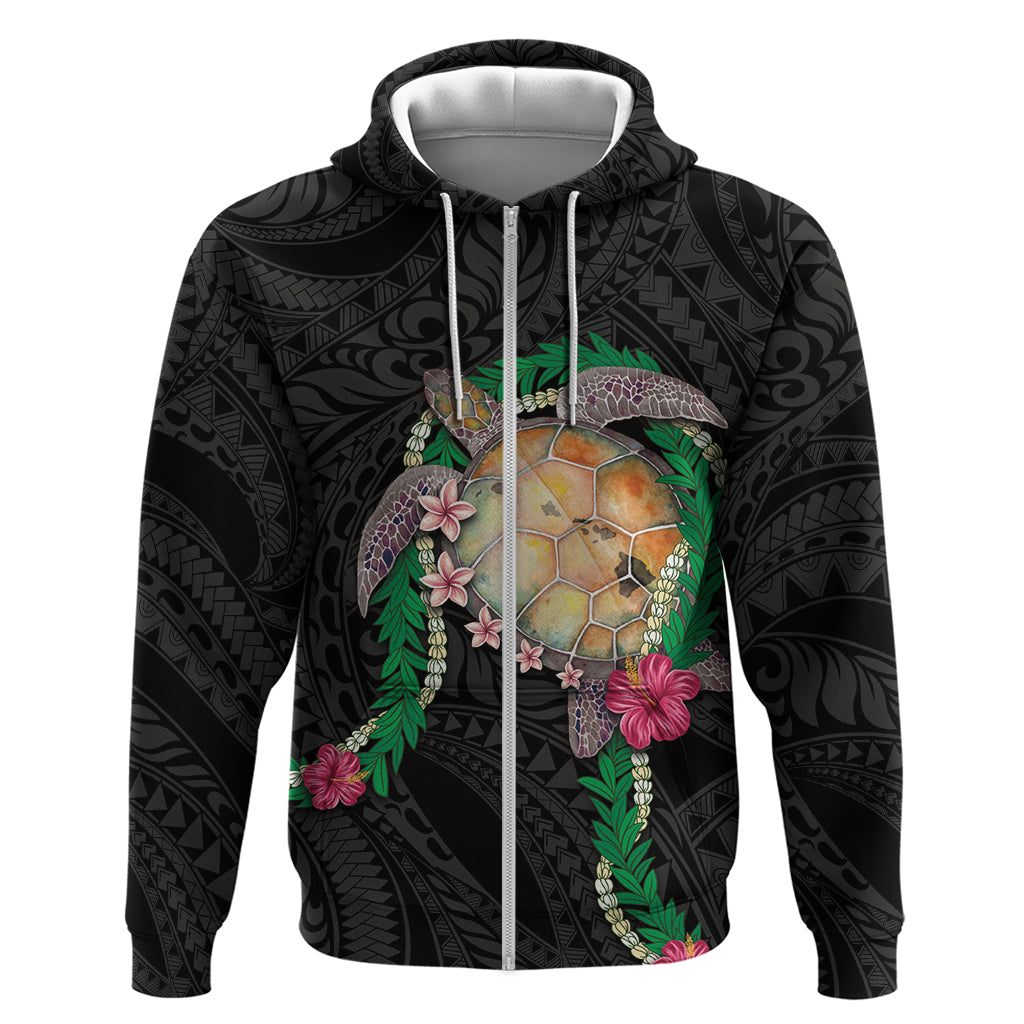Hawaii Pikake and Maile Lei Hoodie Honu Polynesian Pattern Black Color LT03 Zip Hoodie Black - Polynesian Pride