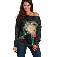 Hawaii Pikake and Maile Lei Off Shoulder Sweater Honu Polynesian Pattern Black Color LT03 Women Black - Polynesian Pride