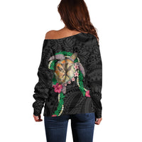 Hawaii Pikake and Maile Lei Off Shoulder Sweater Honu Polynesian Pattern Black Color LT03 - Polynesian Pride