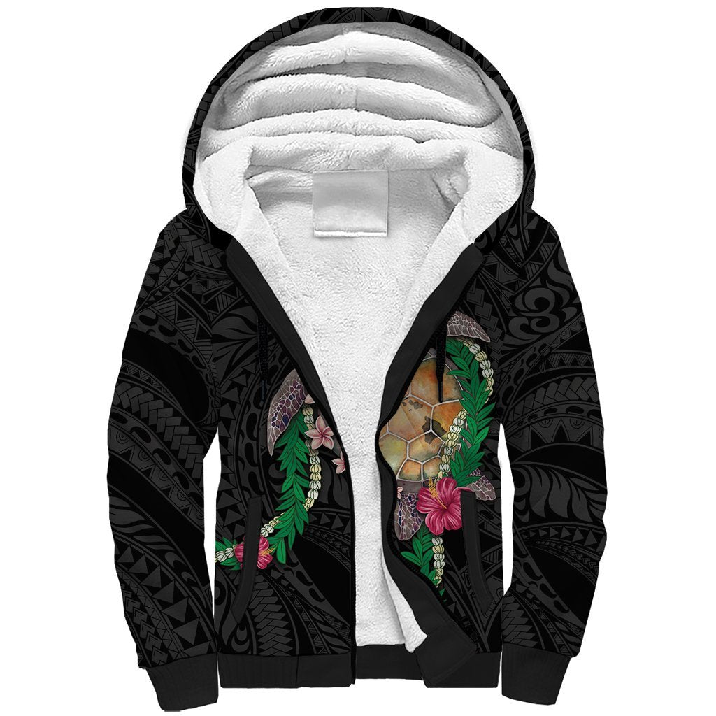 Hawaii Pikake and Maile Lei Sherpa Hoodie Honu Polynesian Pattern Black Color LT03 Unisex Black - Polynesian Pride