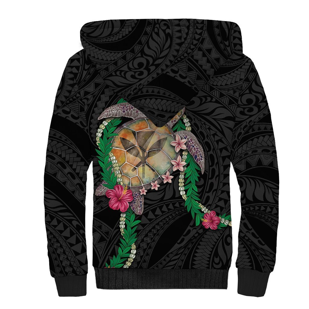 Hawaii Pikake and Maile Lei Sherpa Hoodie Honu Polynesian Pattern Black Color LT03 - Polynesian Pride