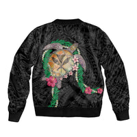 Hawaii Pikake and Maile Lei Sleeve Zip Bomber Jacket Honu Polynesian Pattern Black Color LT03 - Polynesian Pride