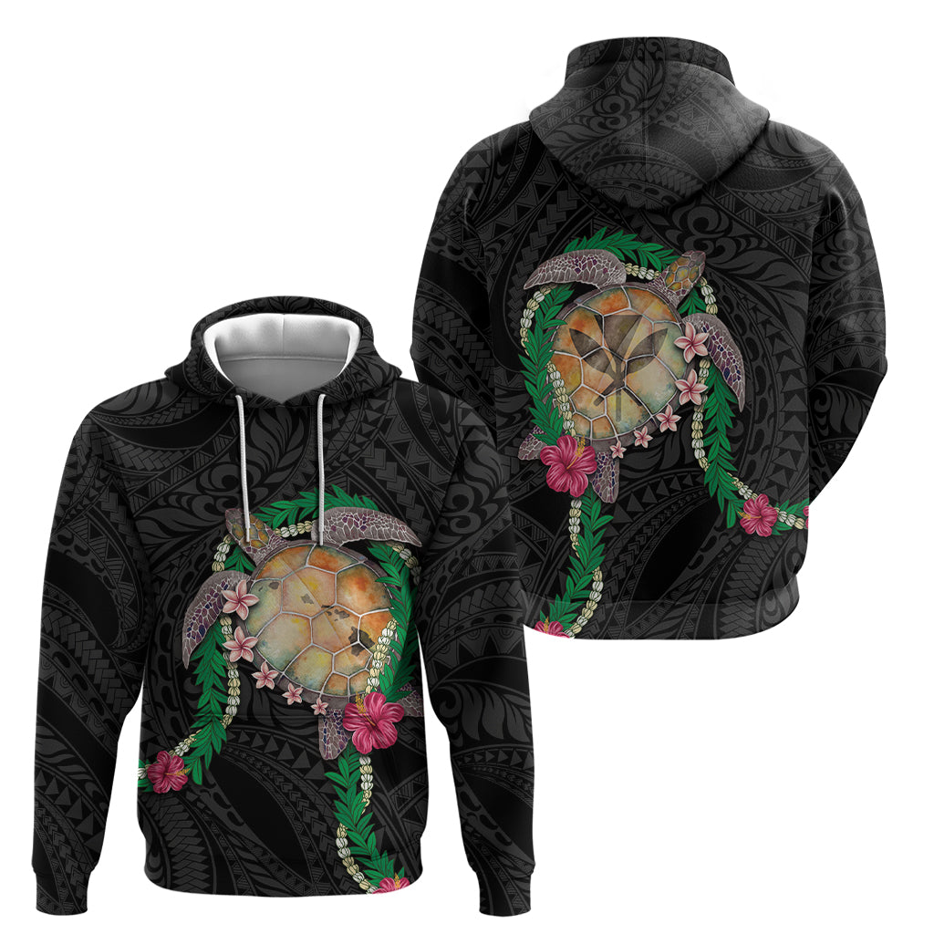 Hawaii Pikake and Maile Lei Zip Hoodie Honu Polynesian Pattern Black Color