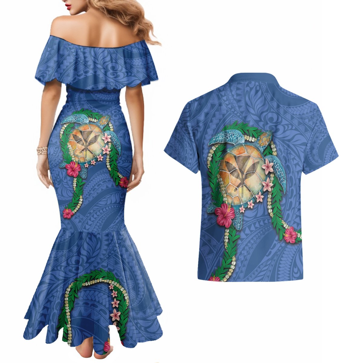 Hawaii Pikake and Maile Lei Couples Matching Mermaid Dress and Hawaiian Shirt Honu Polynesian Pattern Blue Color LT03 - Polynesian Pride