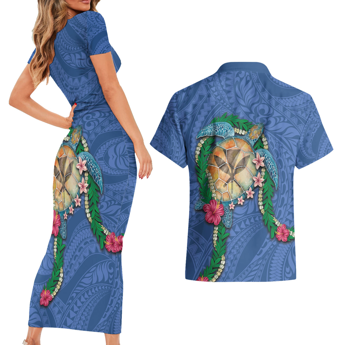 Hawaii Pikake and Maile Lei Couples Matching Short Sleeve Bodycon Dress and Hawaiian Shirt Honu Polynesian Pattern Blue Color LT03 - Polynesian Pride