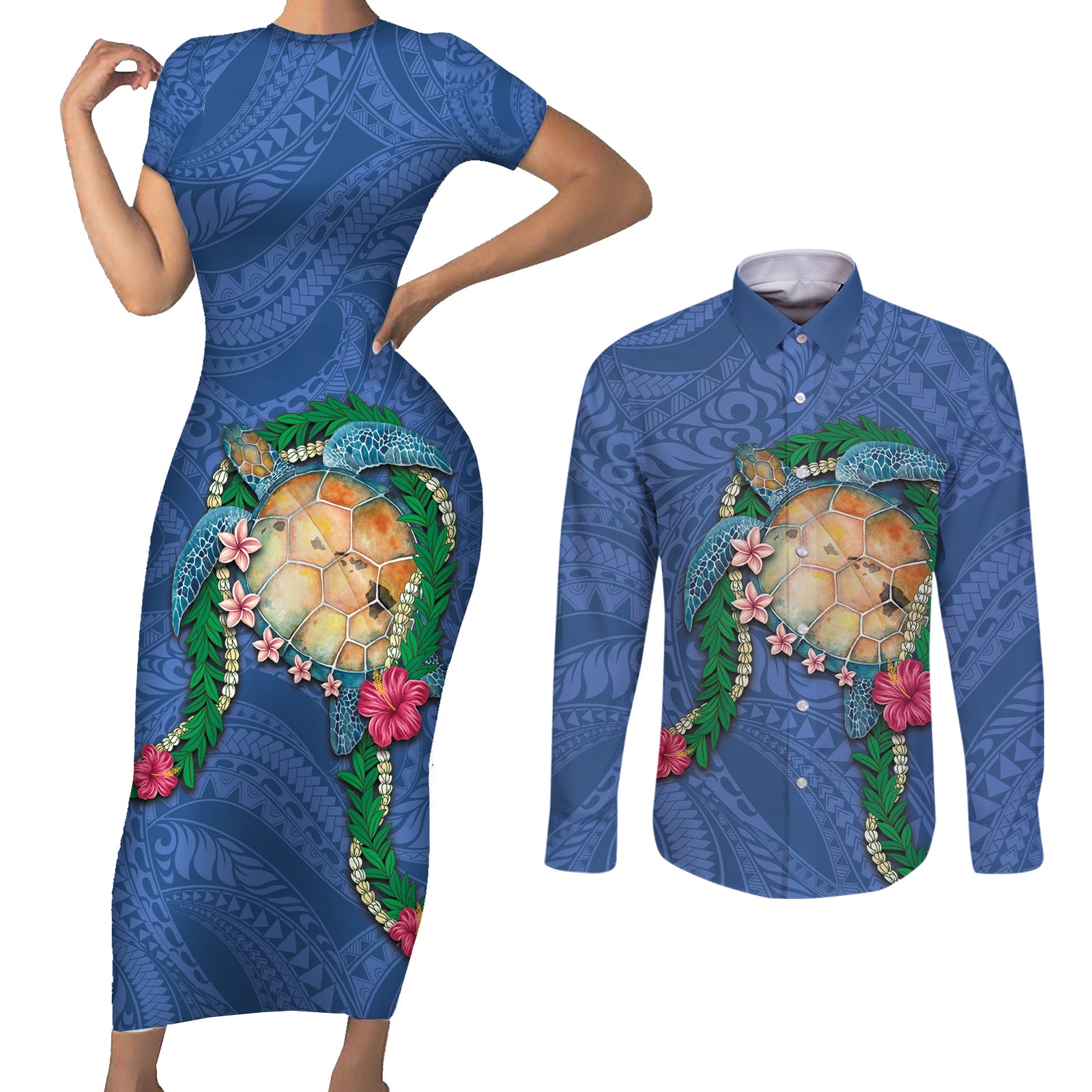 Hawaii Pikake and Maile Lei Couples Matching Short Sleeve Bodycon Dress and Long Sleeve Button Shirt Honu Polynesian Pattern Blue Color