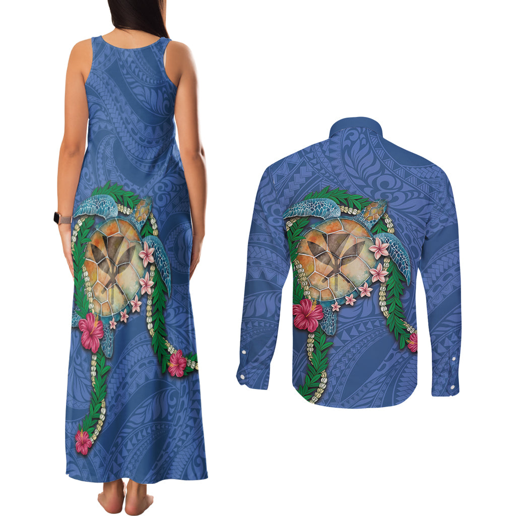 Hawaii Pikake and Maile Lei Couples Matching Tank Maxi Dress and Long Sleeve Button Shirt Honu Polynesian Pattern Blue Color
