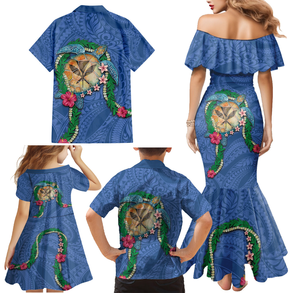 Hawaii Pikake and Maile Lei Family Matching Mermaid Dress and Hawaiian Shirt Honu Polynesian Pattern Blue Color LT03 - Polynesian Pride
