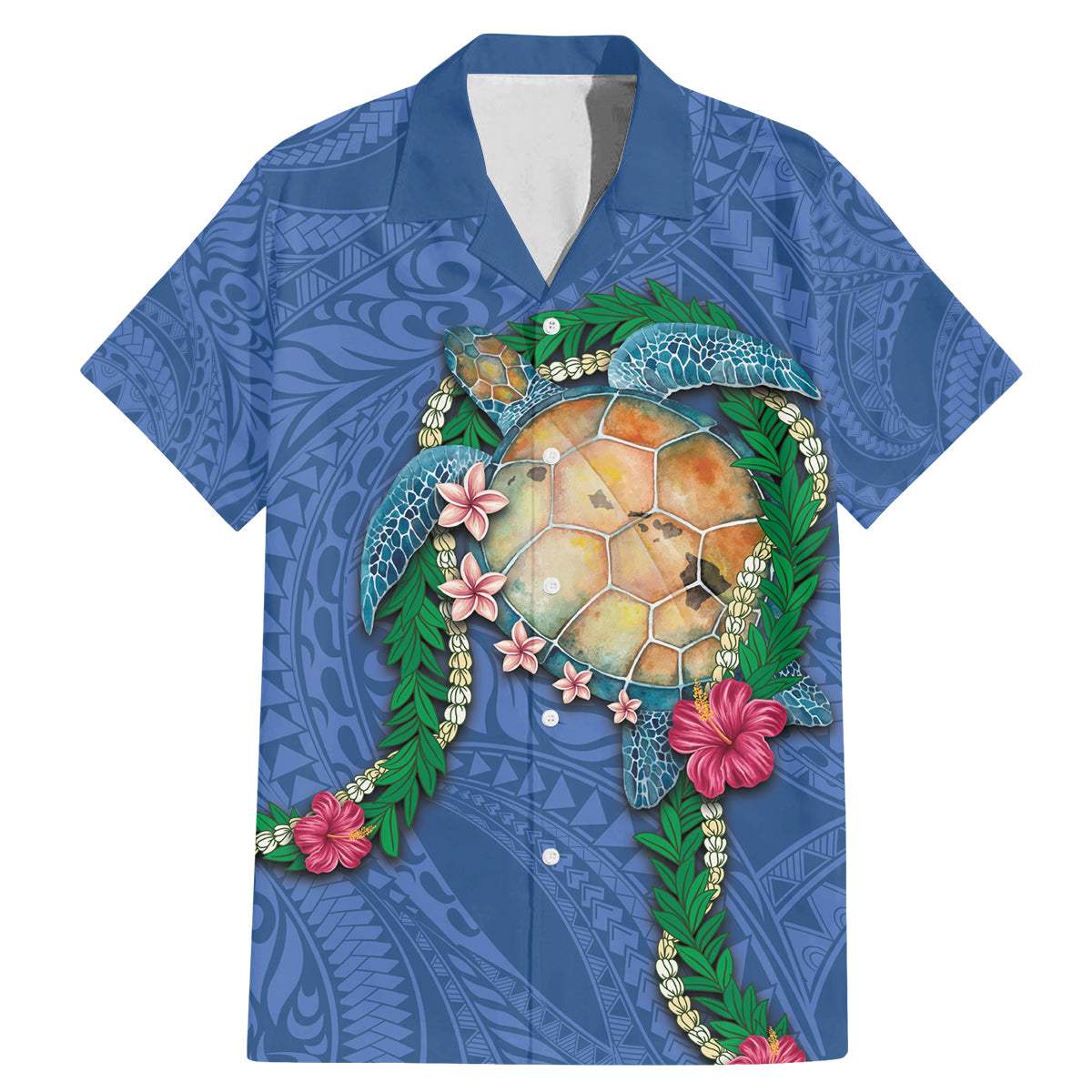 Hawaii Pikake and Maile Lei Family Matching Mermaid Dress and Hawaiian Shirt Honu Polynesian Pattern Blue Color LT03 Dad's Shirt - Short Sleeve Blue - Polynesian Pride