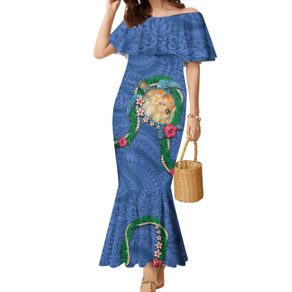 Hawaii Pikake and Maile Lei Family Matching Mermaid Dress and Hawaiian Shirt Honu Polynesian Pattern Blue Color LT03 Mom's Dress Blue - Polynesian Pride