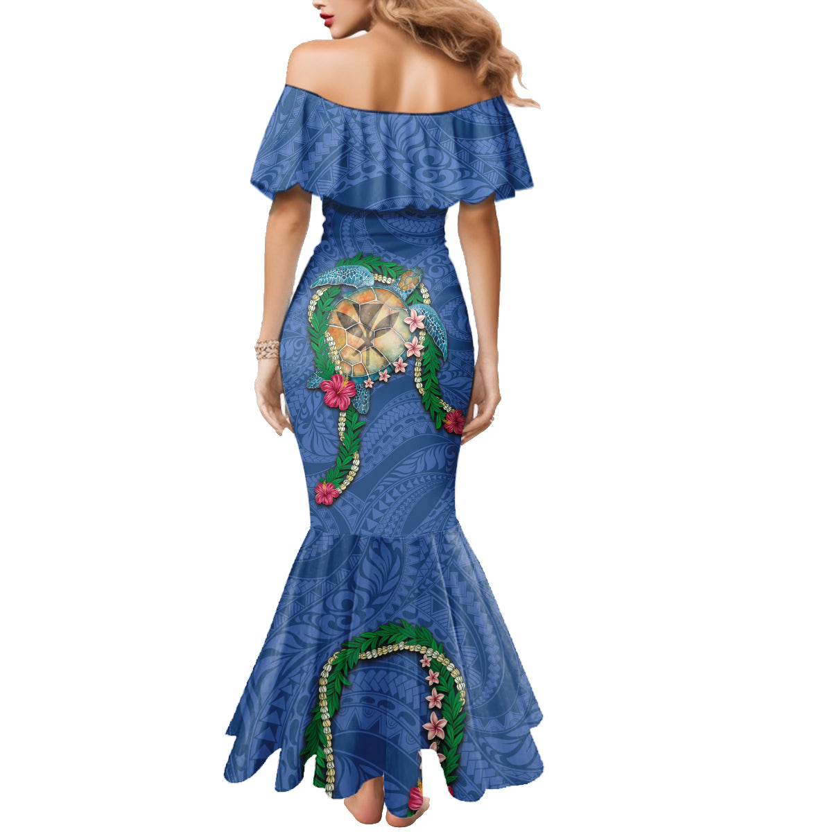 Hawaii Pikake and Maile Lei Family Matching Mermaid Dress and Hawaiian Shirt Honu Polynesian Pattern Blue Color LT03 - Polynesian Pride
