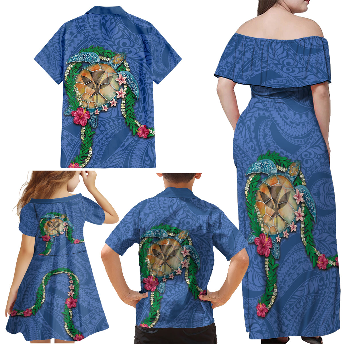 Hawaii Pikake and Maile Lei Family Matching Off Shoulder Maxi Dress and Hawaiian Shirt Honu Polynesian Pattern Blue Color LT03 - Polynesian Pride