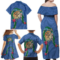 Hawaii Pikake and Maile Lei Family Matching Off Shoulder Maxi Dress and Hawaiian Shirt Honu Polynesian Pattern Blue Color LT03 - Polynesian Pride