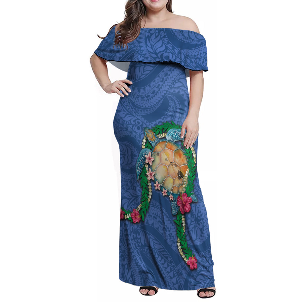 Hawaii Pikake and Maile Lei Family Matching Off Shoulder Maxi Dress and Hawaiian Shirt Honu Polynesian Pattern Blue Color LT03 Mom's Dress Blue - Polynesian Pride