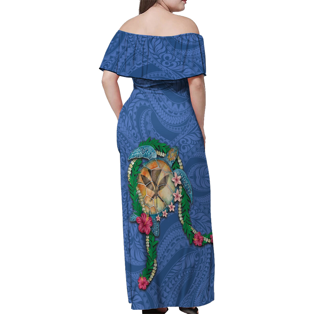 Hawaii Pikake and Maile Lei Family Matching Off Shoulder Maxi Dress and Hawaiian Shirt Honu Polynesian Pattern Blue Color LT03 - Polynesian Pride