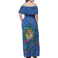 Hawaii Pikake and Maile Lei Family Matching Off Shoulder Maxi Dress and Hawaiian Shirt Honu Polynesian Pattern Blue Color LT03 - Polynesian Pride