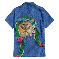 Hawaii Pikake and Maile Lei Family Matching Off Shoulder Short Dress and Hawaiian Shirt Honu Polynesian Pattern Blue Color
