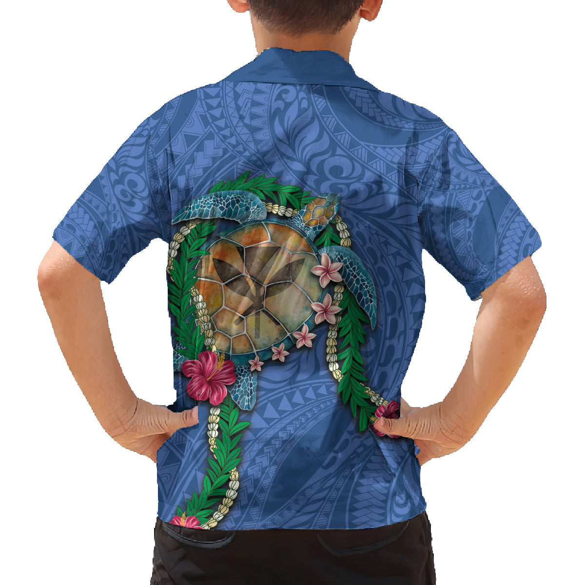 Hawaii Pikake and Maile Lei Family Matching Puletasi and Hawaiian Shirt Honu Polynesian Pattern Blue Color LT03 - Polynesian Pride