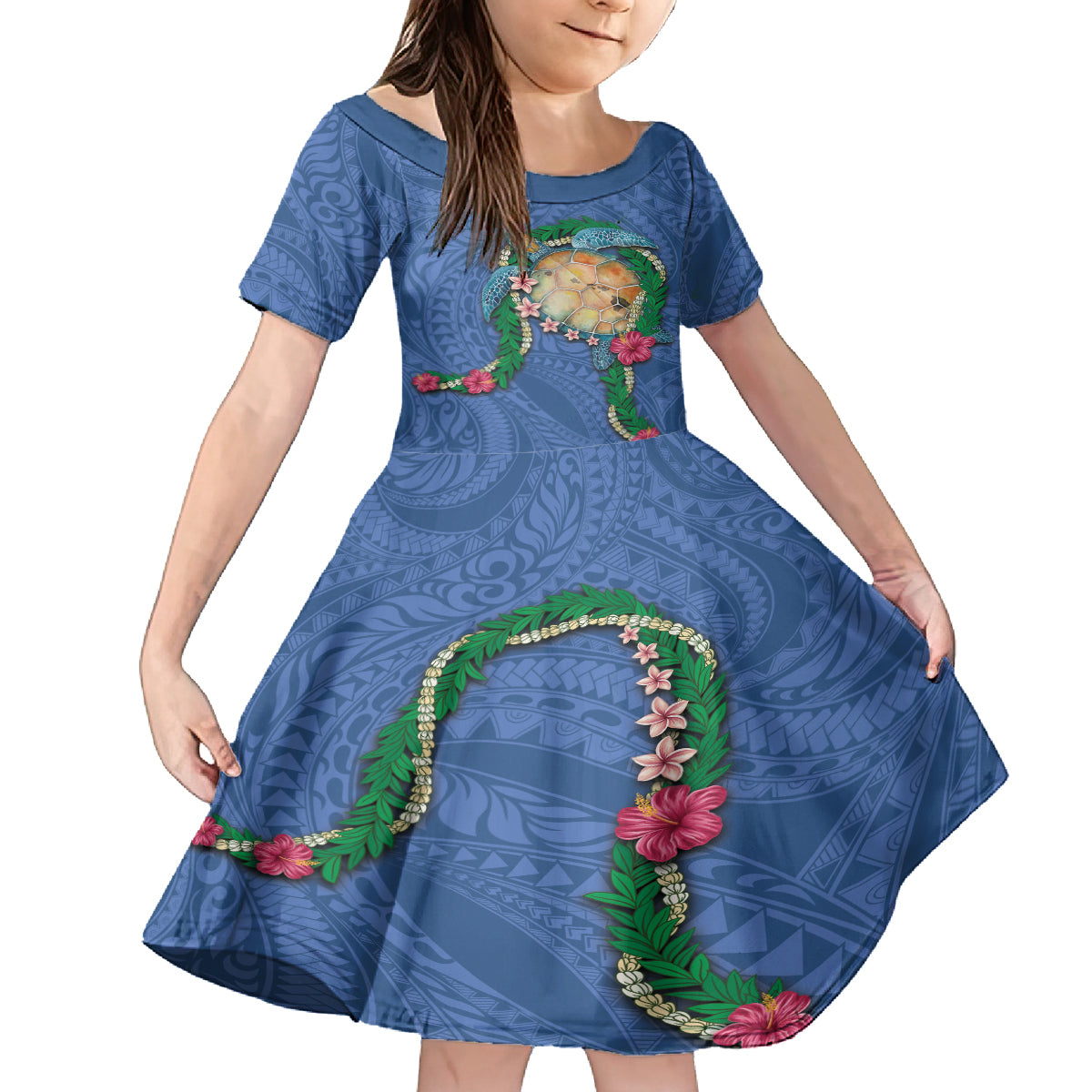 Hawaii Pikake and Maile Lei Family Matching Puletasi and Hawaiian Shirt Honu Polynesian Pattern Blue Color LT03 Daughter's Dress Blue - Polynesian Pride