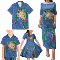 Hawaii Pikake and Maile Lei Family Matching Puletasi and Hawaiian Shirt Honu Polynesian Pattern Blue Color LT03 - Polynesian Pride