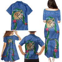 Hawaii Pikake and Maile Lei Family Matching Puletasi and Hawaiian Shirt Honu Polynesian Pattern Blue Color LT03 - Polynesian Pride