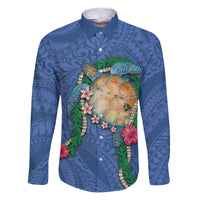 Hawaii Pikake and Maile Lei Family Matching Puletasi and Hawaiian Shirt Honu Polynesian Pattern Blue Color LT03 Dad's Shirt - Long Sleeve Blue - Polynesian Pride