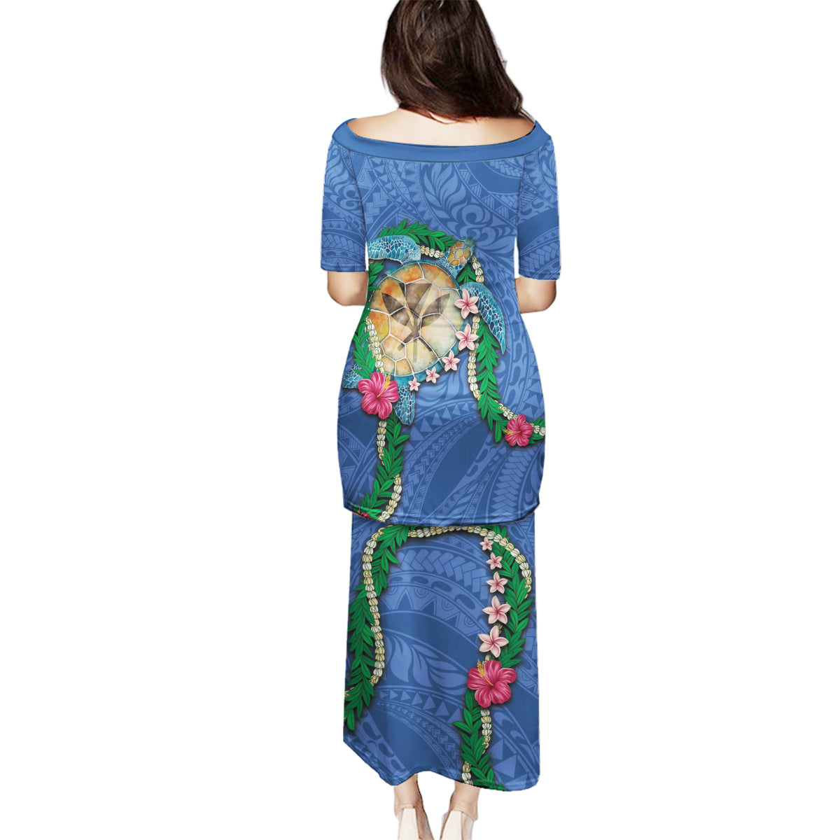 Hawaii Pikake and Maile Lei Family Matching Puletasi and Hawaiian Shirt Honu Polynesian Pattern Blue Color LT03 - Polynesian Pride