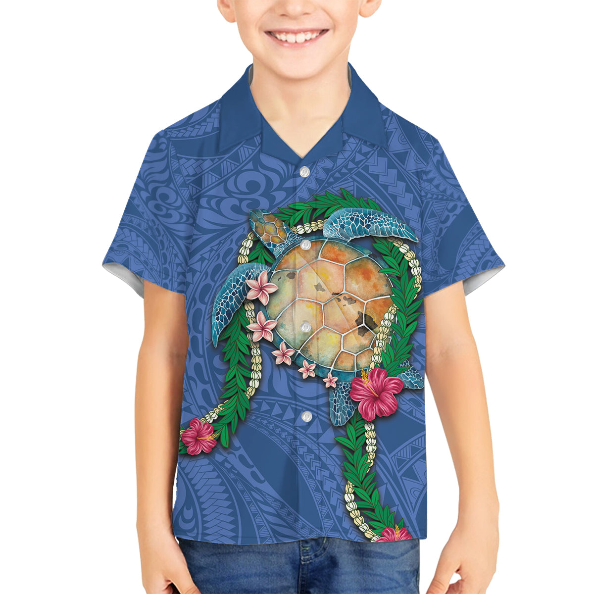 Hawaii Pikake and Maile Lei Family Matching Puletasi and Hawaiian Shirt Honu Polynesian Pattern Blue Color LT03 Son's Shirt Blue - Polynesian Pride