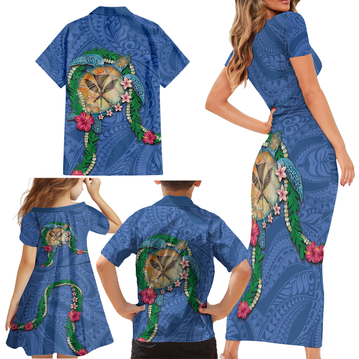 Hawaii Pikake and Maile Lei Family Matching Short Sleeve Bodycon Dress and Hawaiian Shirt Honu Polynesian Pattern Blue Color