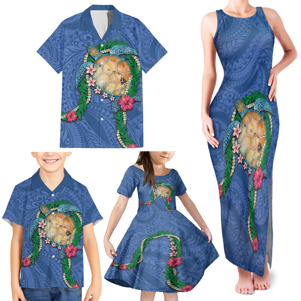 Hawaii Pikake and Maile Lei Family Matching Tank Maxi Dress and Hawaiian Shirt Honu Polynesian Pattern Blue Color