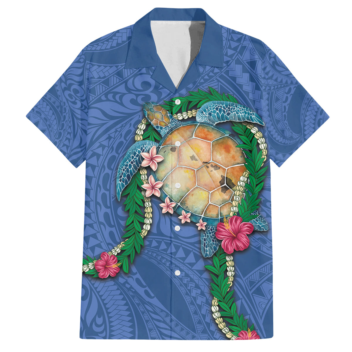 Hawaii Pikake and Maile Lei Family Matching Tank Maxi Dress and Hawaiian Shirt Honu Polynesian Pattern Blue Color