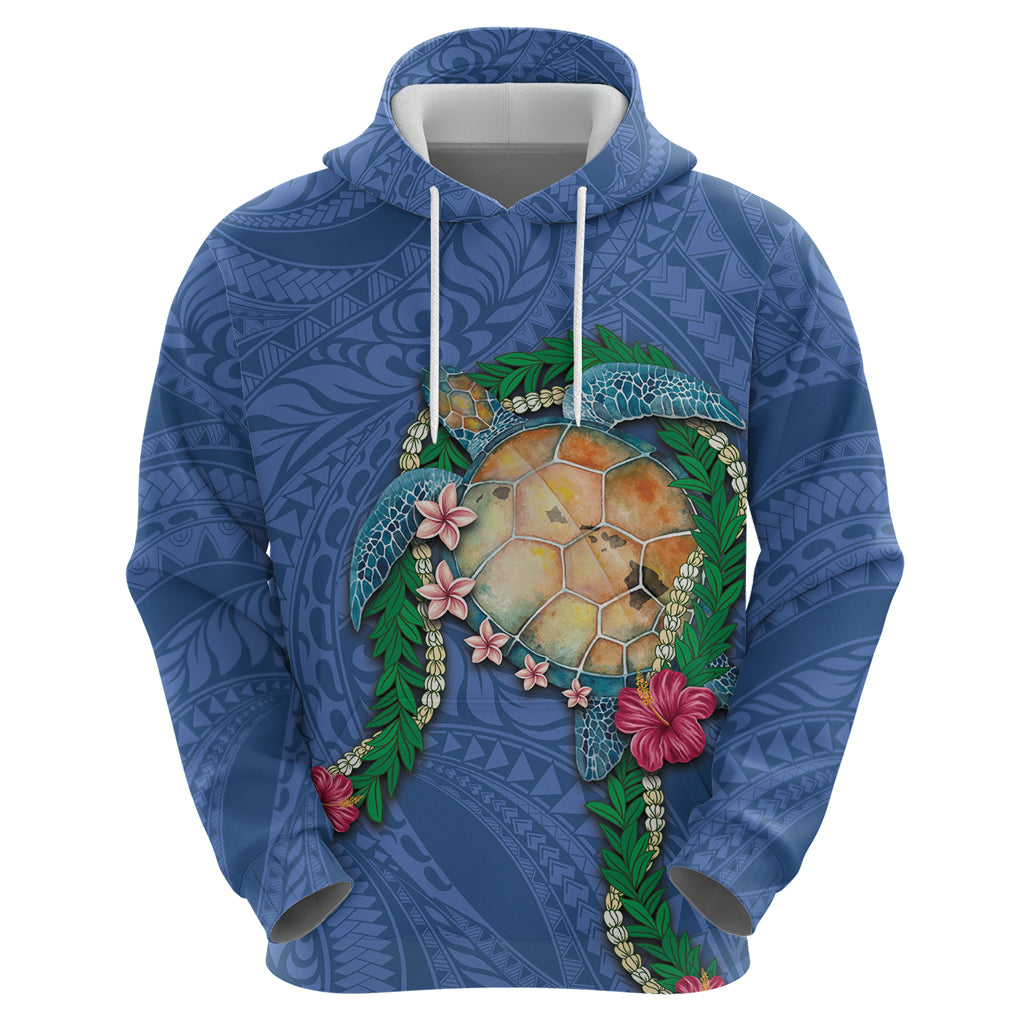 Hawaii Pikake and Maile Lei Hoodie Honu Polynesian Pattern Blue Color