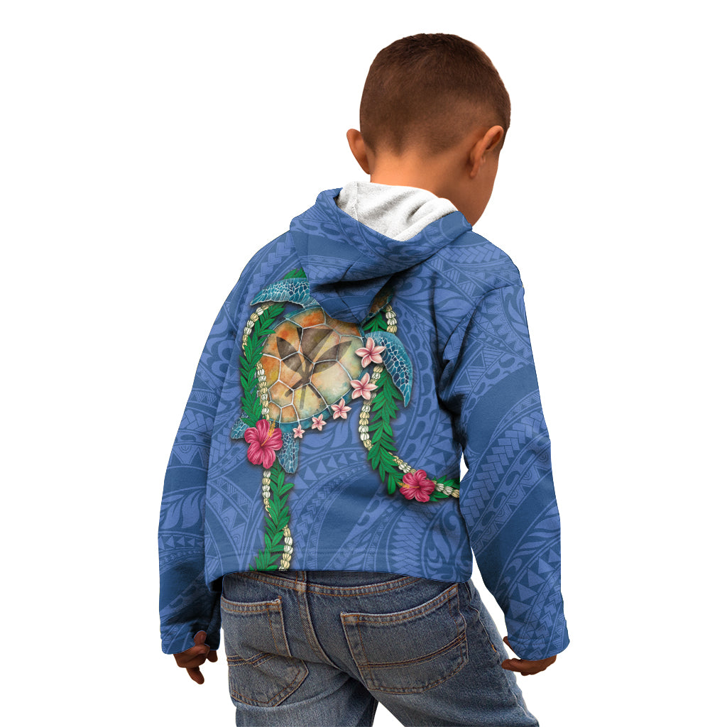Hawaii Pikake and Maile Lei Kid Hoodie Honu Polynesian Pattern Blue Color
