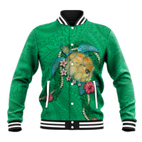 Hawaii Pikake and Maile Lei Baseball Jacket Honu Polynesian Pattern Green Color