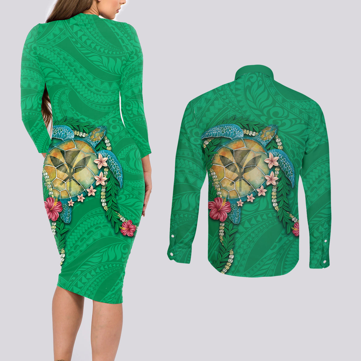 Hawaii Pikake and Maile Lei Couples Matching Long Sleeve Bodycon Dress and Long Sleeve Button Shirt Honu Polynesian Pattern Green Color