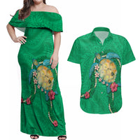 Hawaii Pikake and Maile Lei Couples Matching Off Shoulder Maxi Dress and Hawaiian Shirt Honu Polynesian Pattern Green Color LT03 Green - Polynesian Pride