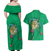 Hawaii Pikake and Maile Lei Couples Matching Off Shoulder Maxi Dress and Hawaiian Shirt Honu Polynesian Pattern Green Color LT03 - Polynesian Pride