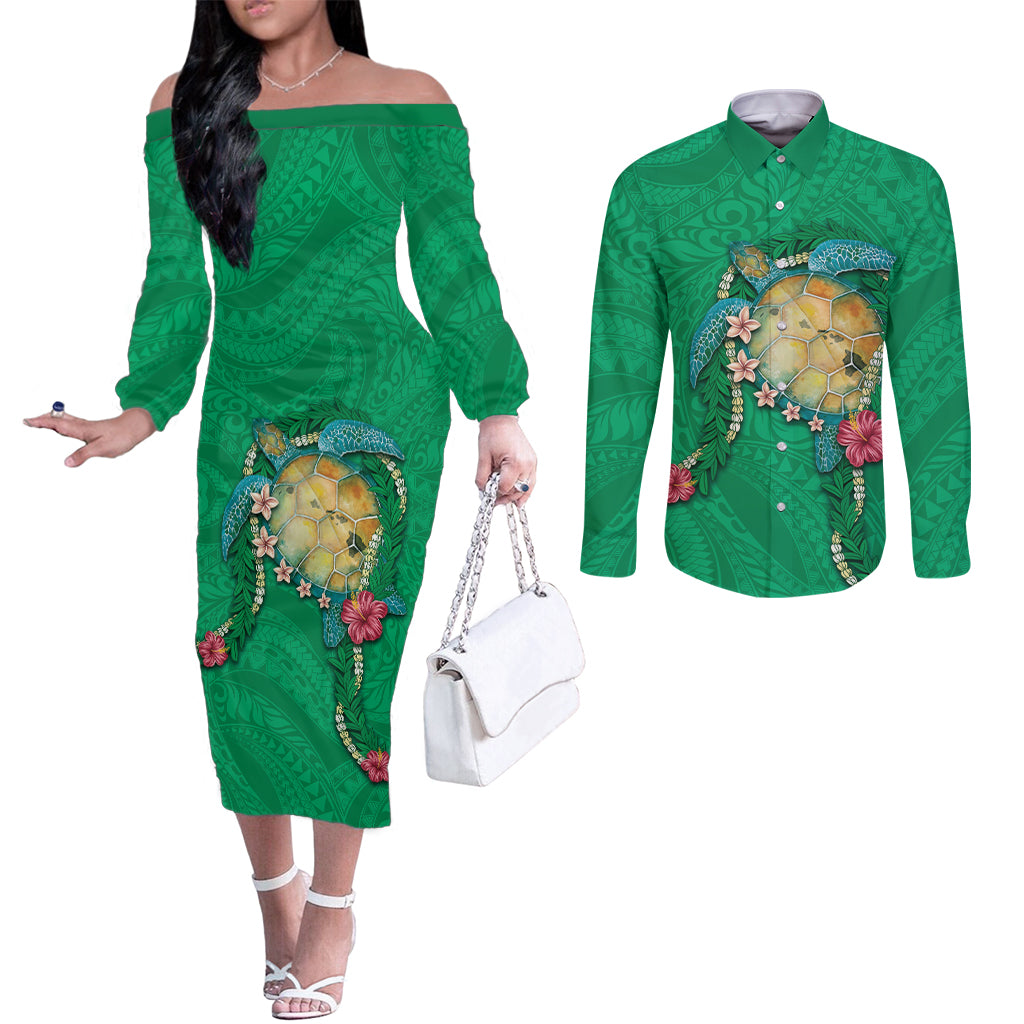 Hawaii Pikake and Maile Lei Couples Matching Off The Shoulder Long Sleeve Dress and Long Sleeve Button Shirt Honu Polynesian Pattern Green Color